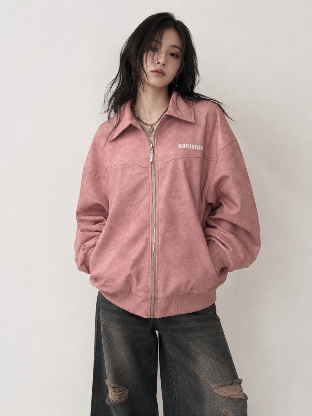 88Rising Pink Faux Leather Bomber Jacket Large Kpop Grunge Y2K Streetwear Edgy